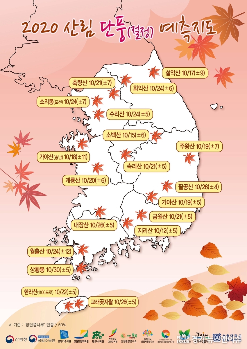 산림청 국립수목원이 세계 최초로 머신러닝 기반의 인공지능 기법을 적용한 단풍예측 지도. <국립수목원 제공>